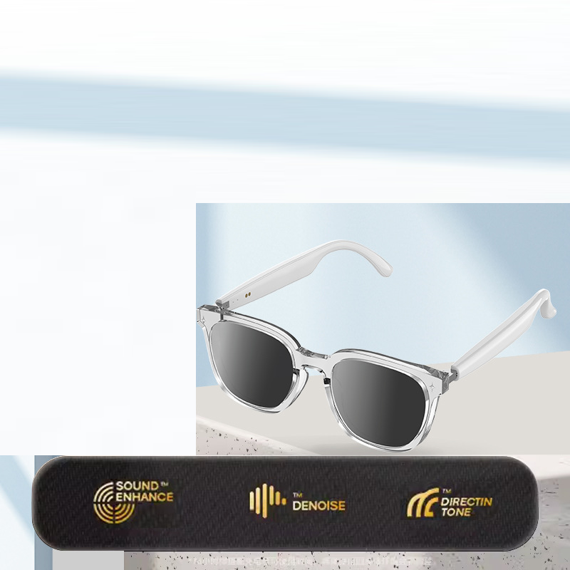 Sunglasses with a black case featuring brand logos on a light blue background