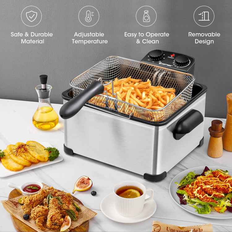 5.3QT Electric Deep Fryer 1700W Stainless Steel with Triple Basket