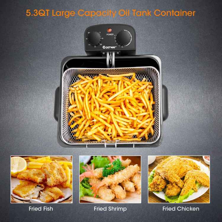 5.3QT Electric Deep Fryer 1700W Stainless Steel with Triple Basket