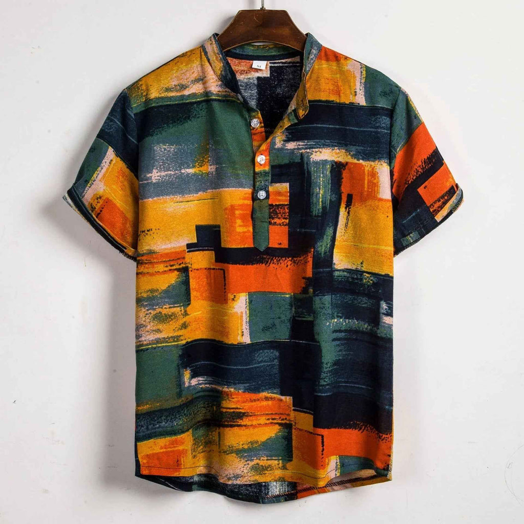 Men's Floral Cotton Linen Leisure Pullover Short-sleeved Shirt