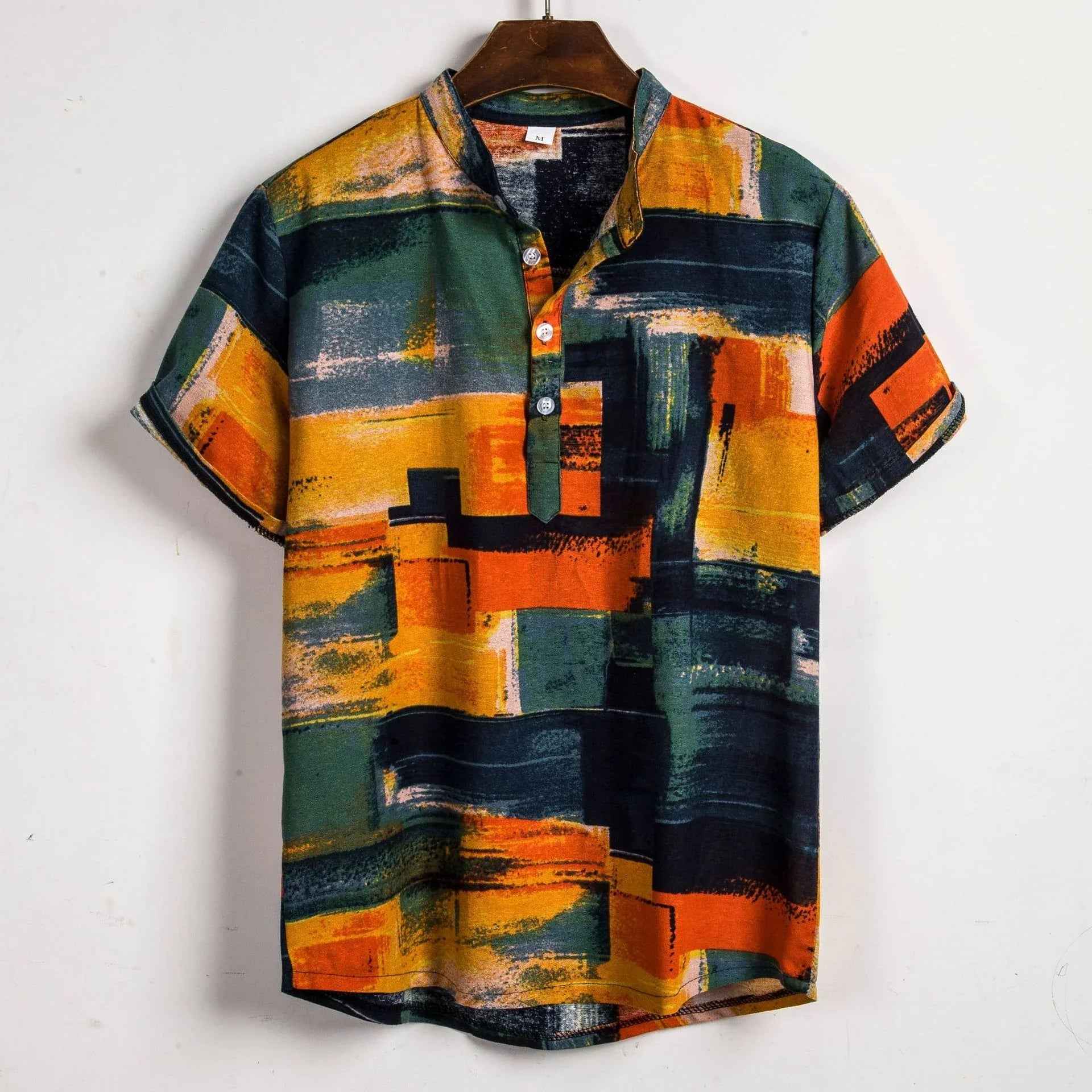 Men's Floral Cotton Linen Leisure Pullover Short-sleeved Shirt