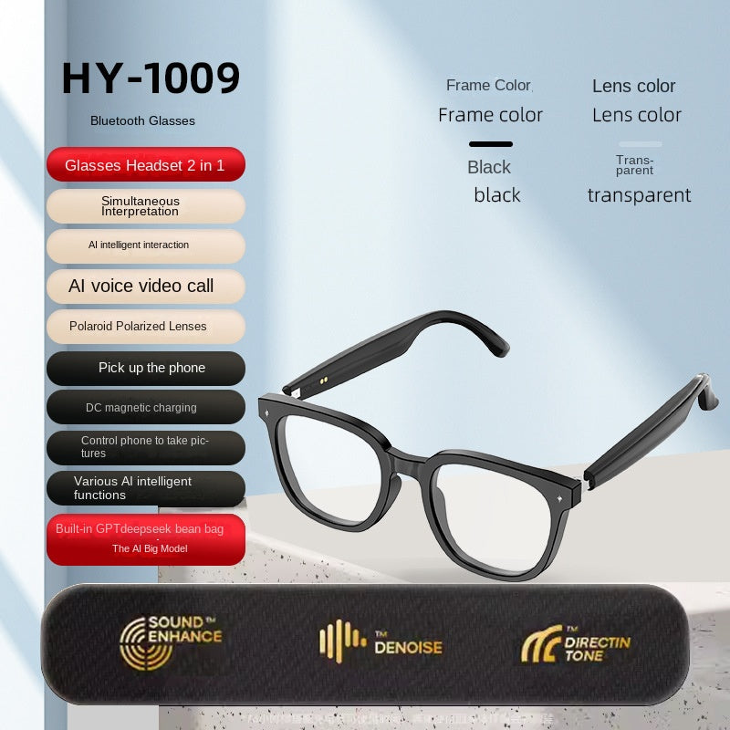 Black Bluetooth glasses with features listed on a blue gradient background