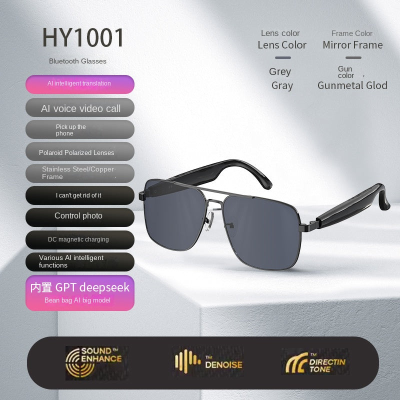 Bluetooth glasses with features listed on a gray background