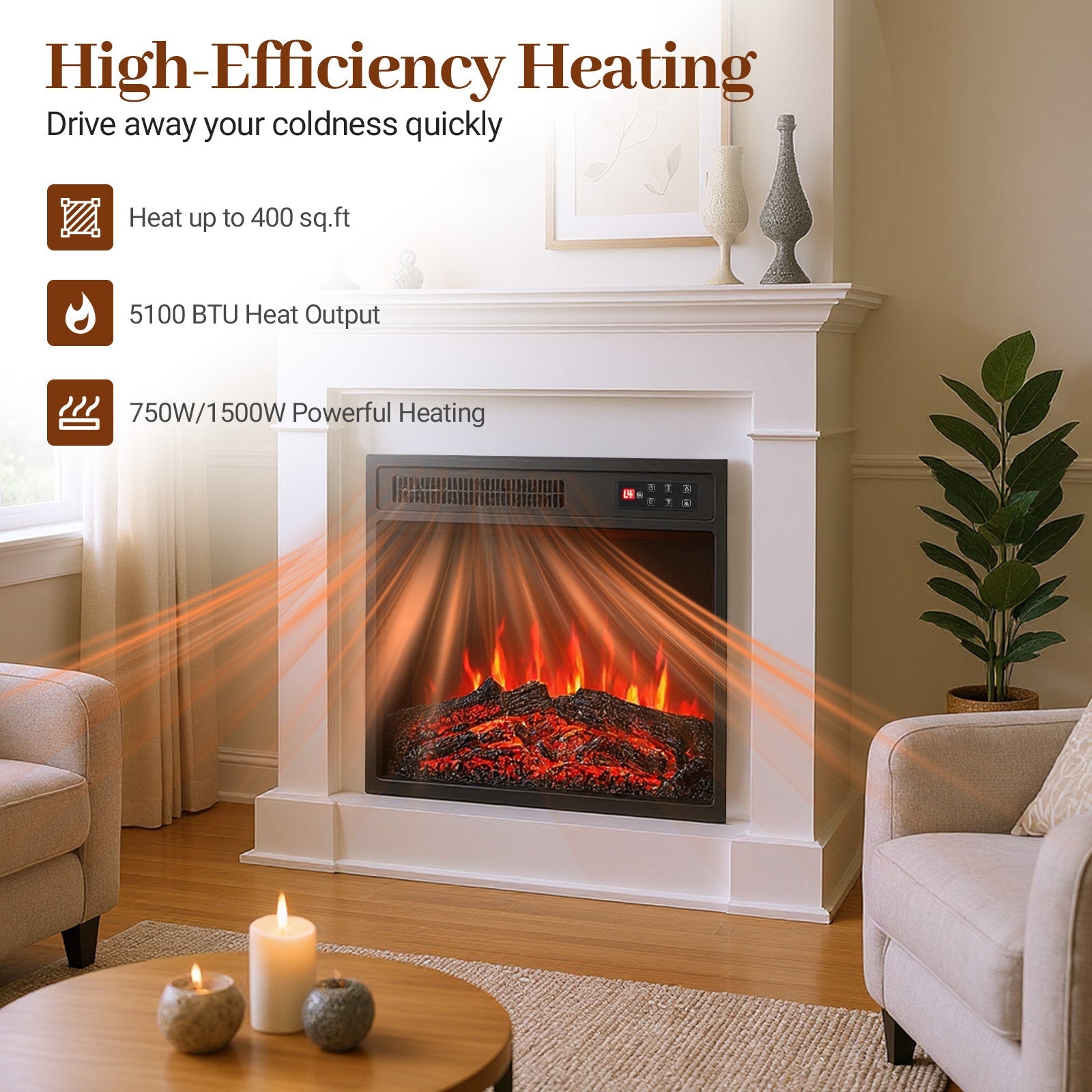 18-Inch Electric Fireplace Insert with Remote & 7 Realistic Flame Colors