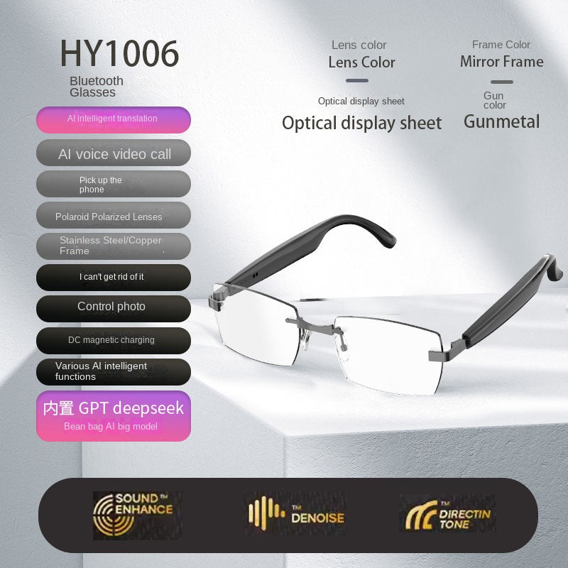 Bluetooth glasses with features listed on a gray background