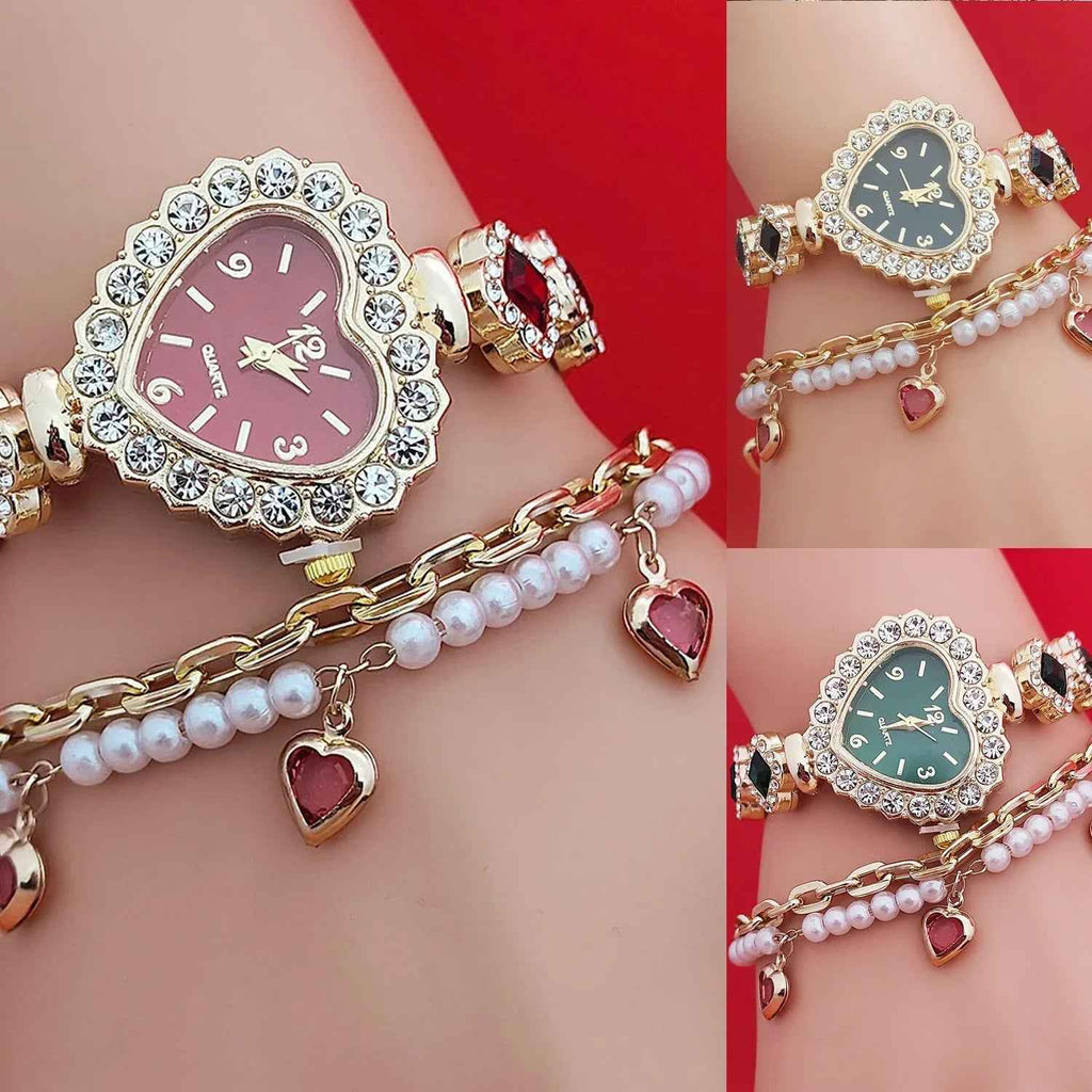 Fashion Love Shape Bracelet Watch Set Diamond Colored Heart Quartz Watch Women's Fashion Jewelry Set Valentine's Day Gift