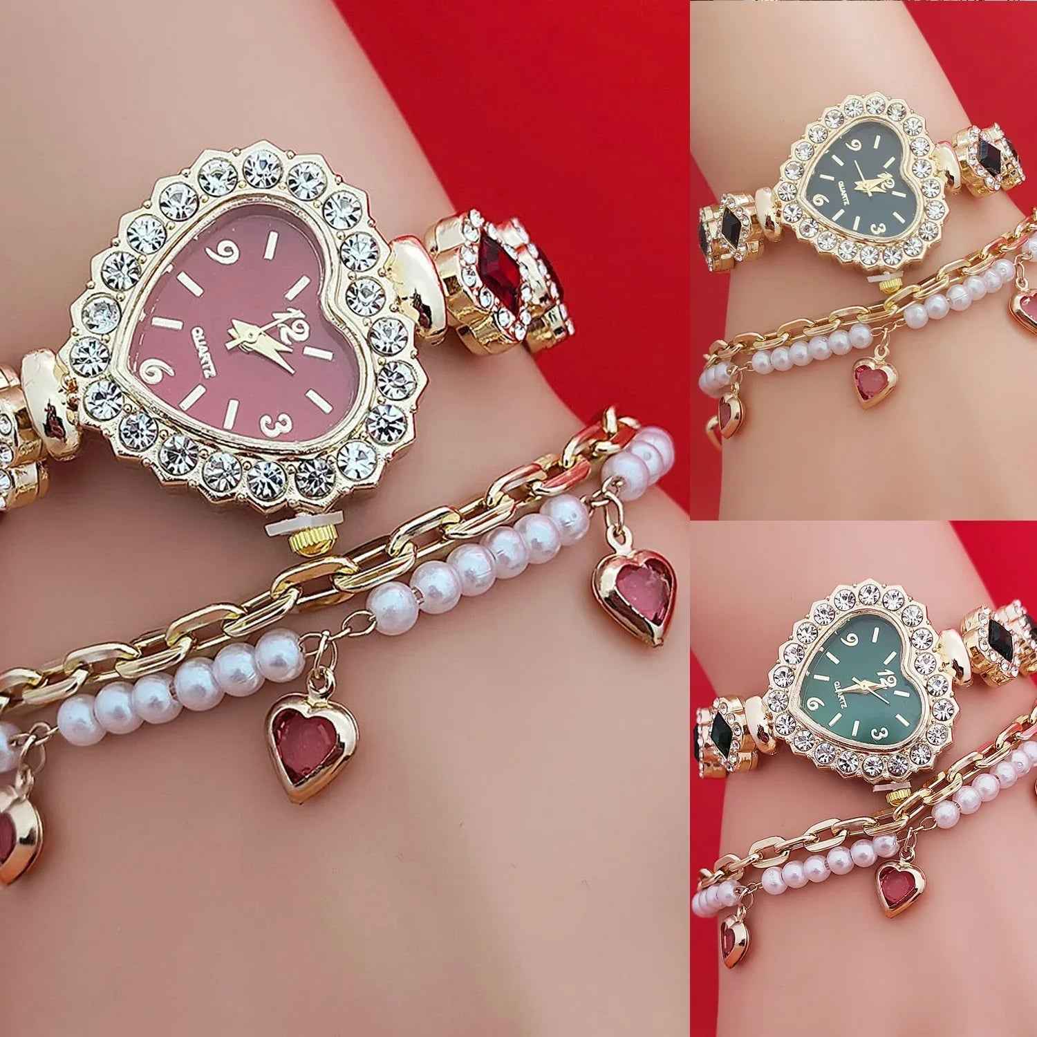 Fashion Love Shape Bracelet Watch Set Diamond Colored Heart Quartz Watch Women's Fashion Jewelry Set Valentine's Day Gift
