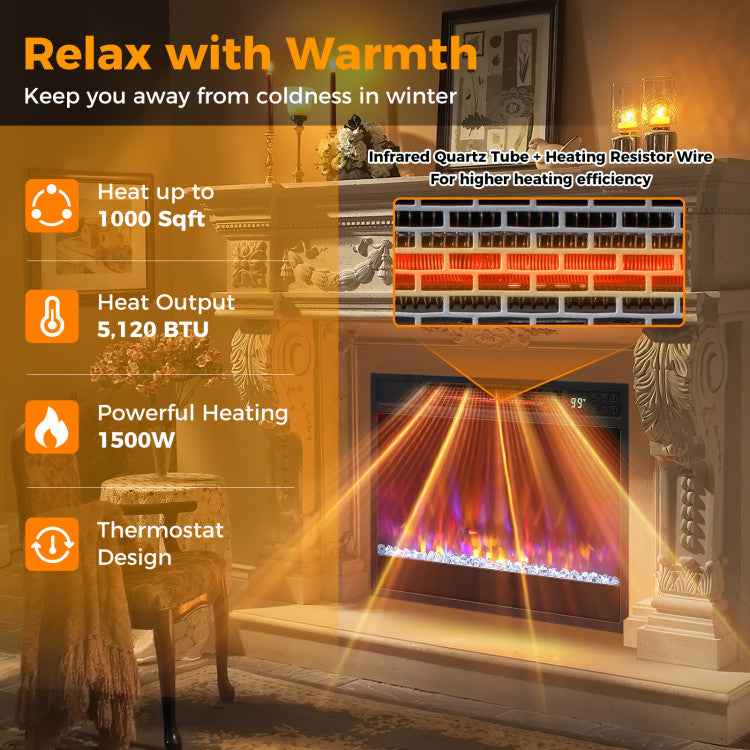23-Inch 1500W Recessed Electric Fireplace Insert with Remote Control