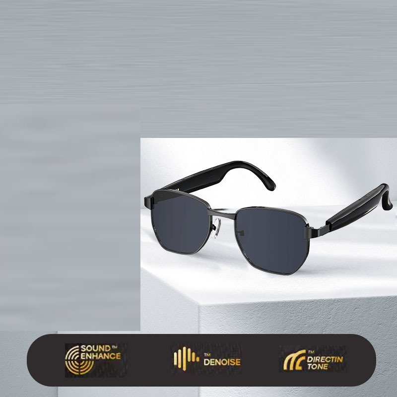 Sunglasses with sound enhancement, denoise, and directin tone features on a gray background
