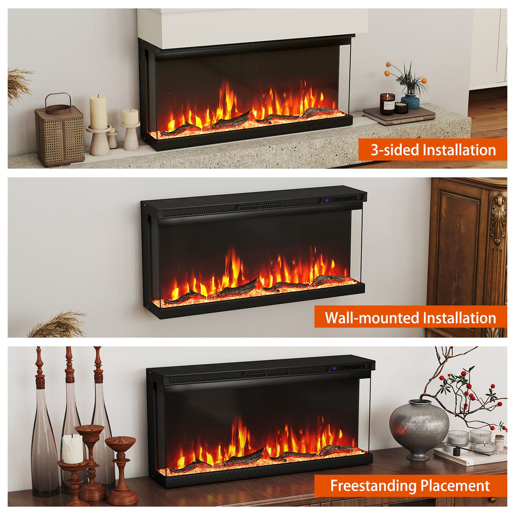36/40/50/60-Inch 3-Sided Electric Fireplace Insert with Remote & 12 Flame Colors