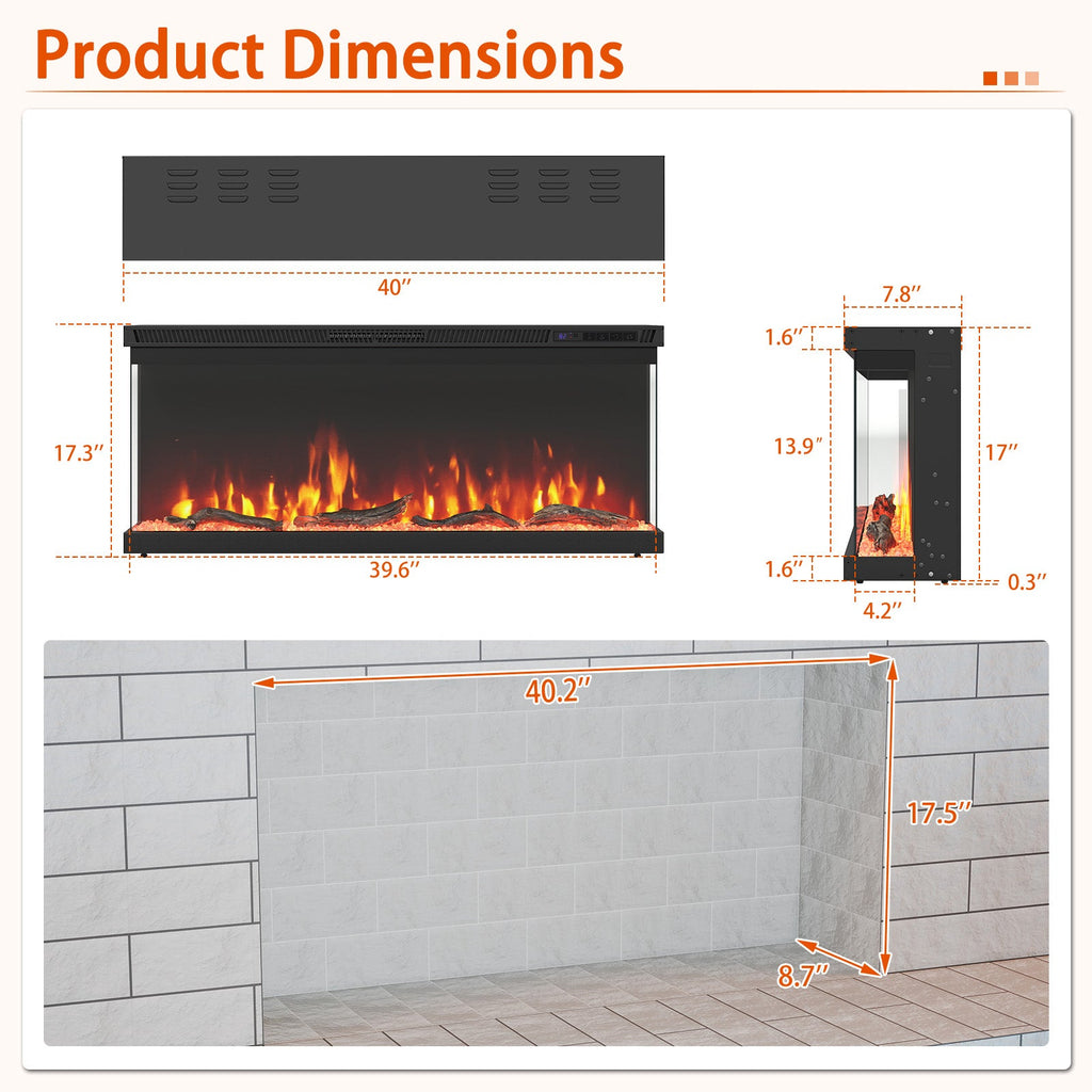 36/40/50/60-Inch 3-Sided Electric Fireplace Insert with Remote & 12 Flame Colors