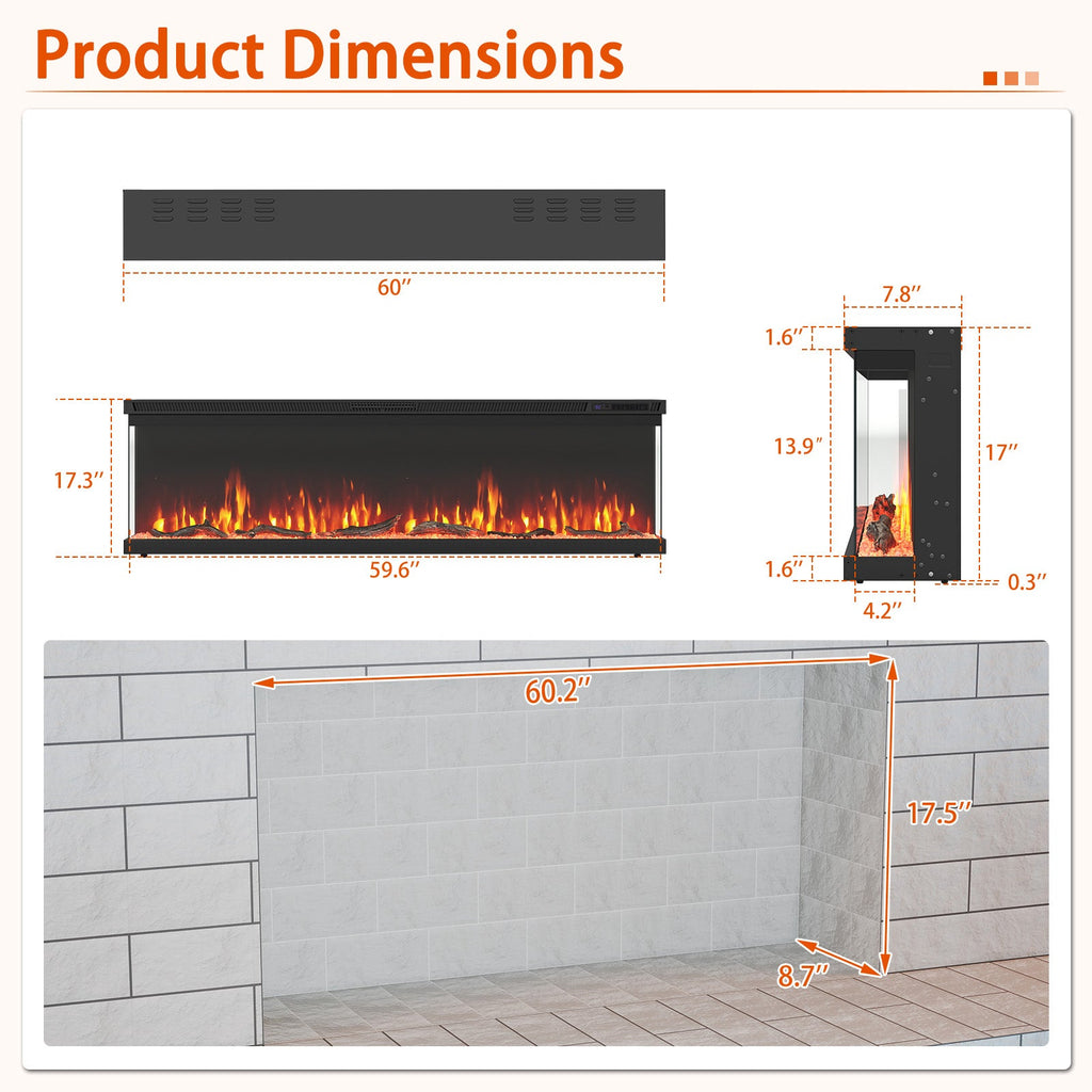 36/40/50/60-Inch 3-Sided Electric Fireplace Insert with Remote & 12 Flame Colors