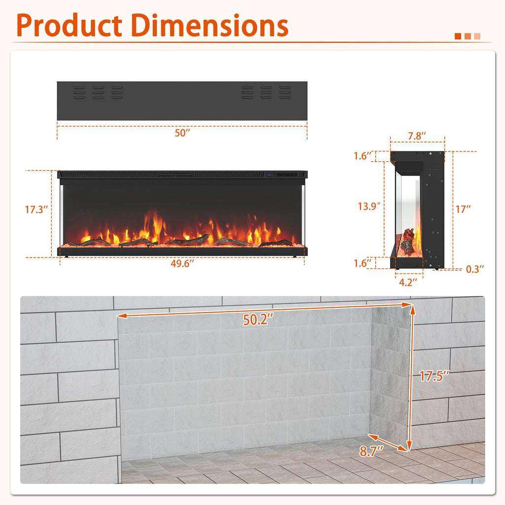 36/40/50/60-Inch 3-Sided Electric Fireplace Insert with Remote & 12 Flame Colors