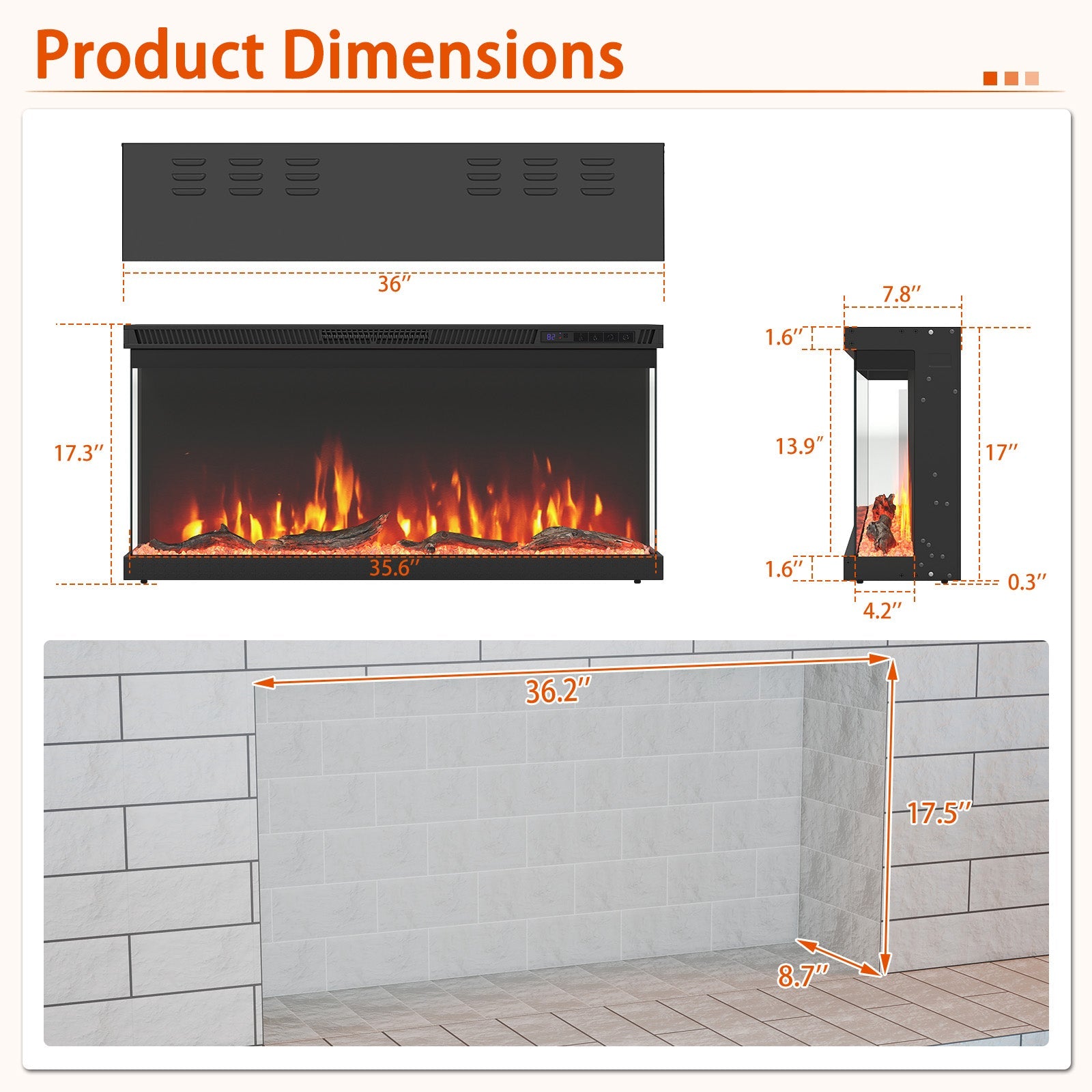 36/40/50/60-Inch 3-Sided Electric Fireplace Insert with Remote & 12 Flame Colors