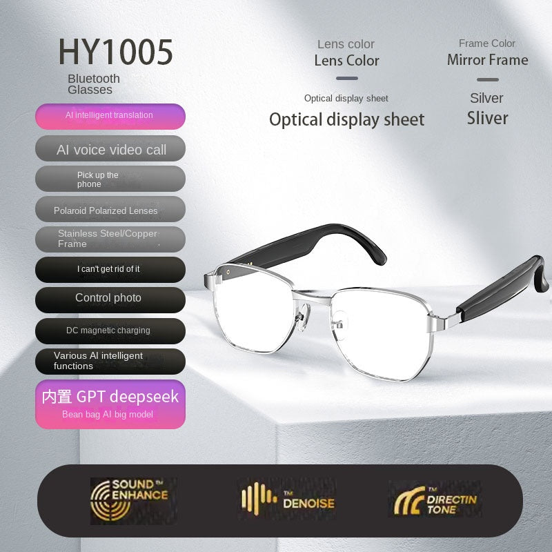 Bluetooth glasses with features listed on a gray background