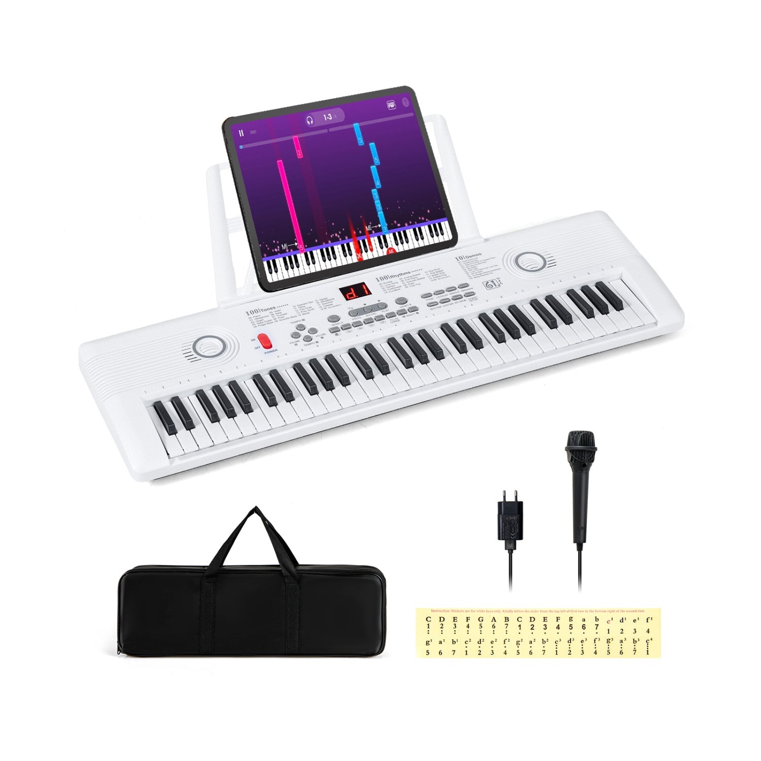 Digital keyboard with tablet displaying music software, microphone, carrying case, and stand on a white background