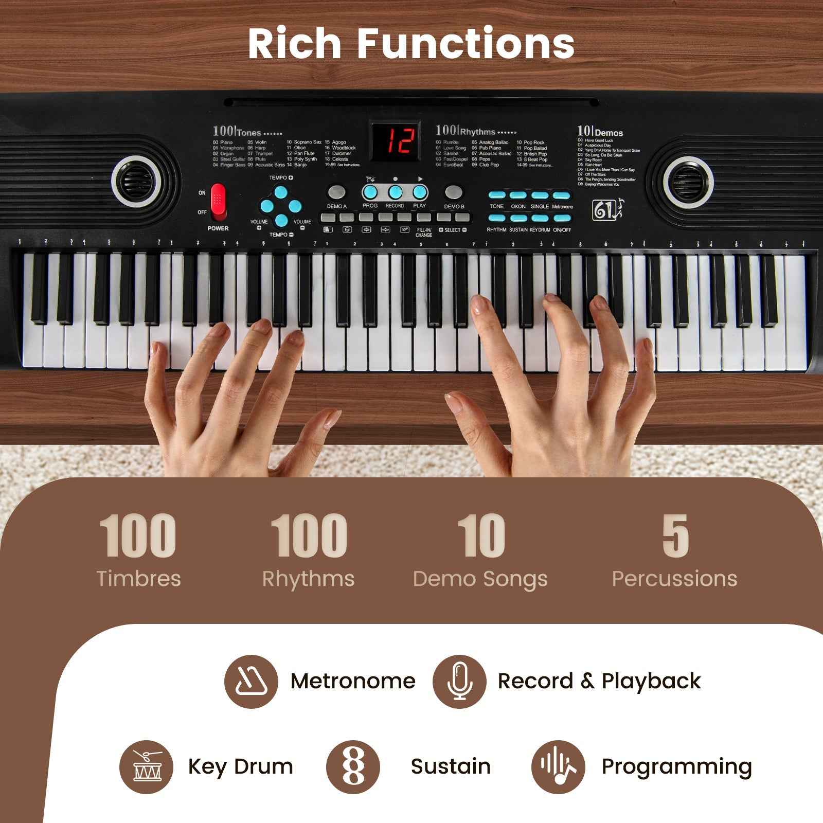 61 Key Electric Portable Digital Keyboard Piano for Beginner-Black