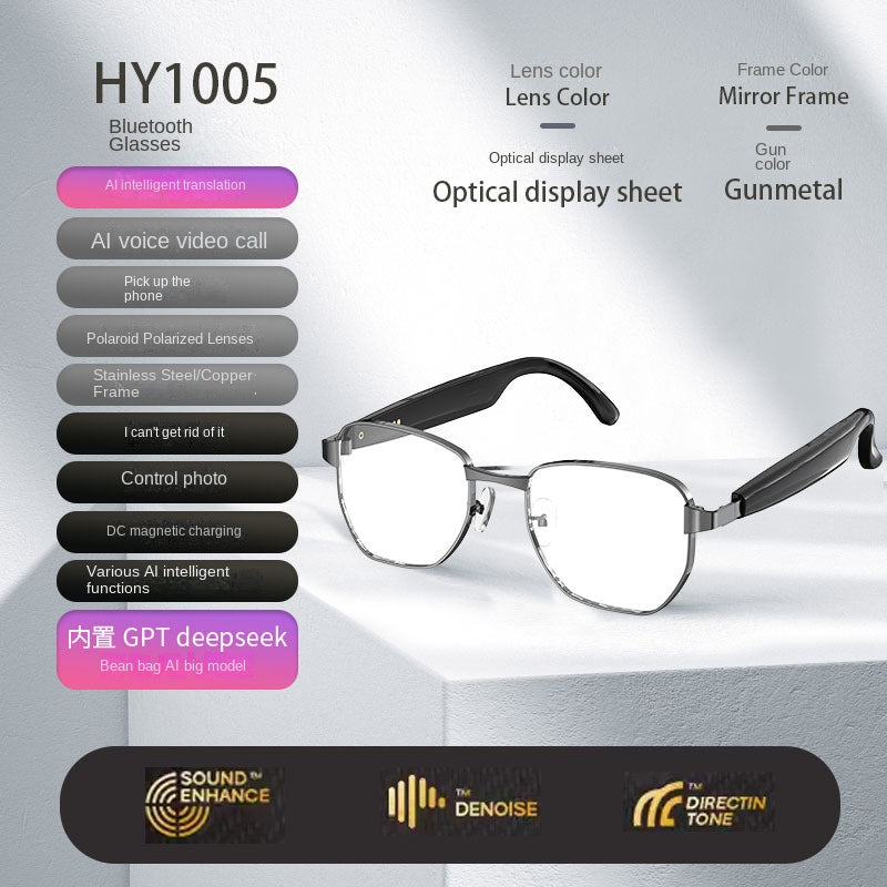 Bluetooth glasses with features listed on a gray background