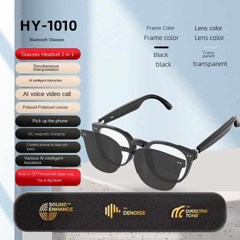 Bluetooth glasses with black frame and transparent lenses, featuring product features and branding on a light blue background.