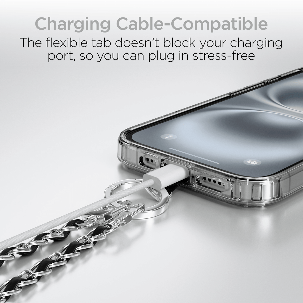 HyperGear TECHcessories Silver Chain with Black Vegan Leather Universal Crossbody Phone Strap