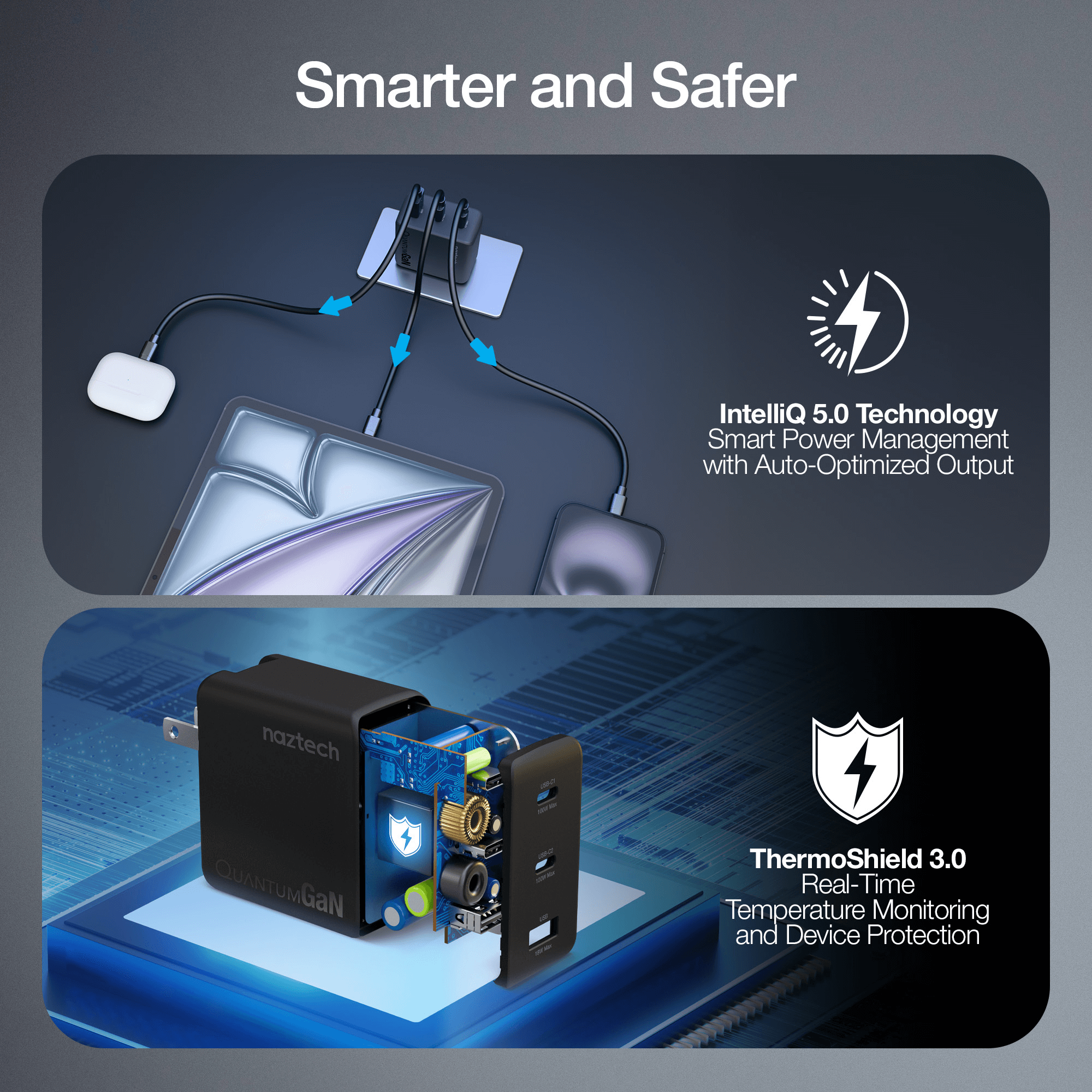 Naztech Nexus T100 100W USB-C PD + USB 3-Port GaN Ultra-Fast Wall Charger with PPS