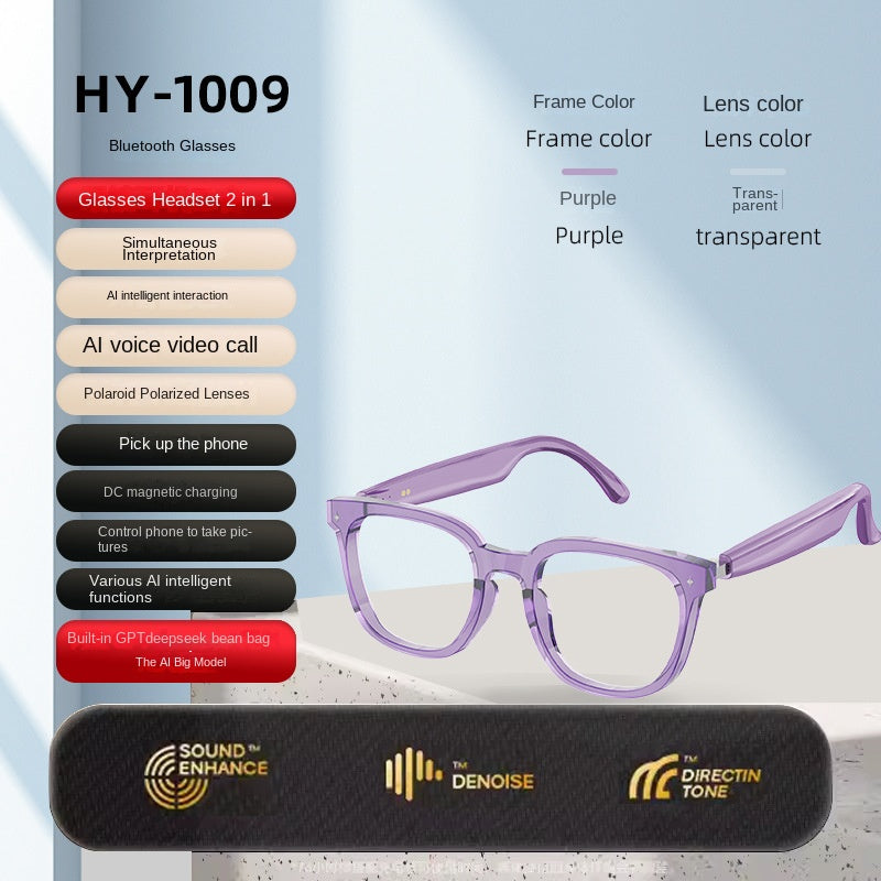 Purple Bluetooth glasses with case on a blue gradient background