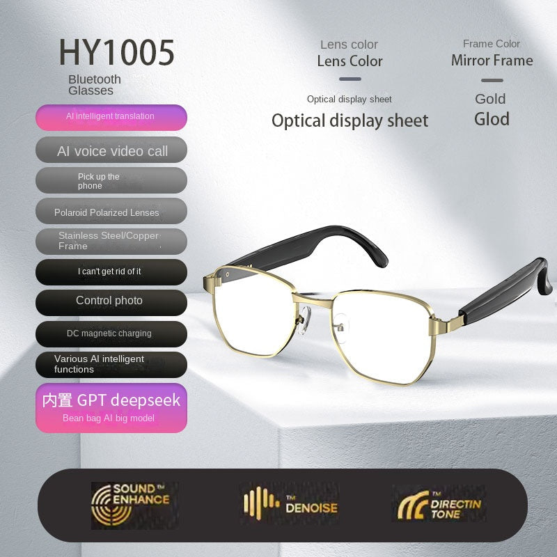 Bluetooth glasses with features listed on a gray background