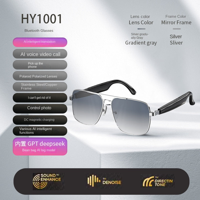 Bluetooth glasses with features listed on a gray background