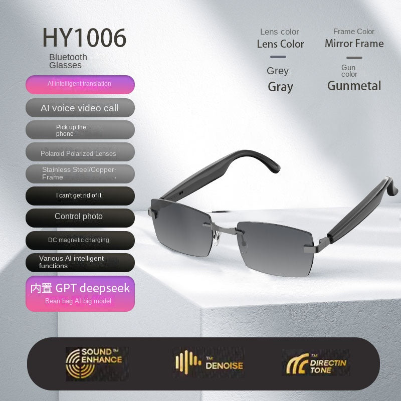 Bluetooth glasses with specifications on a gray background