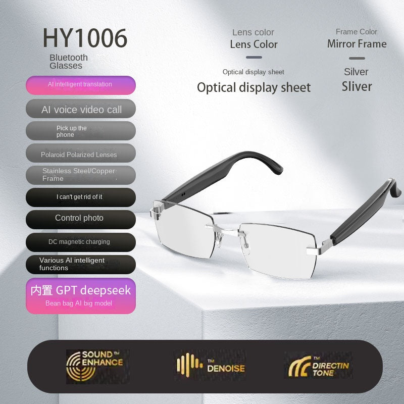 Bluetooth glasses with features listed on a gray background