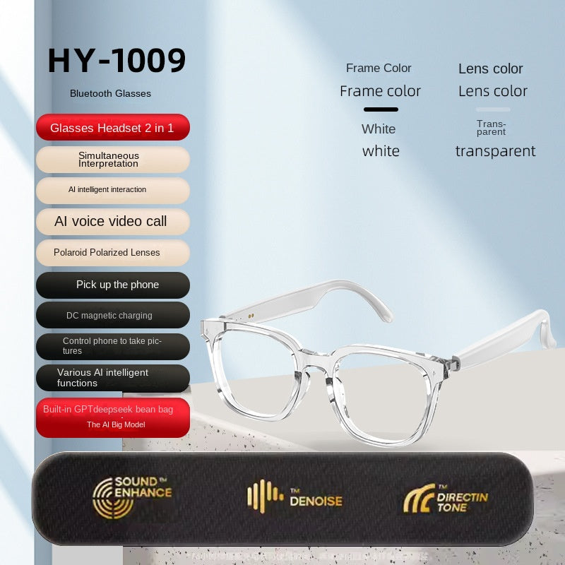 Bluetooth glasses with features listed and a black case on a light gray background