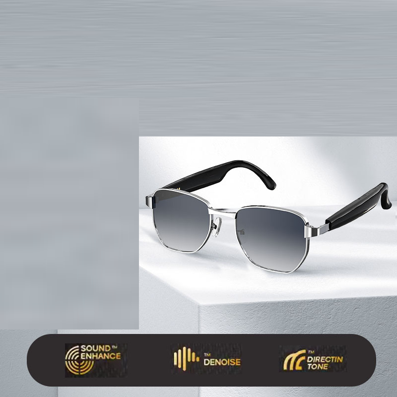 Aviator sunglasses with black and silver frame on a gray background, featuring Sound Enhance, Denoise, and Directcin Tone logos.