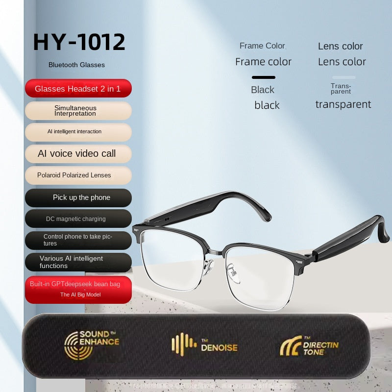 Bluetooth glasses with black frame and transparent lenses, displayed with a case on a light blue background.