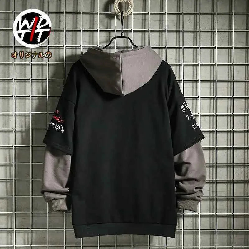 Men's Sweater Retro Mock Two-Piece Hooded Korean Hip Hop Print Sweatshirt Loose Hoodie Male Fleece Padded Jacket