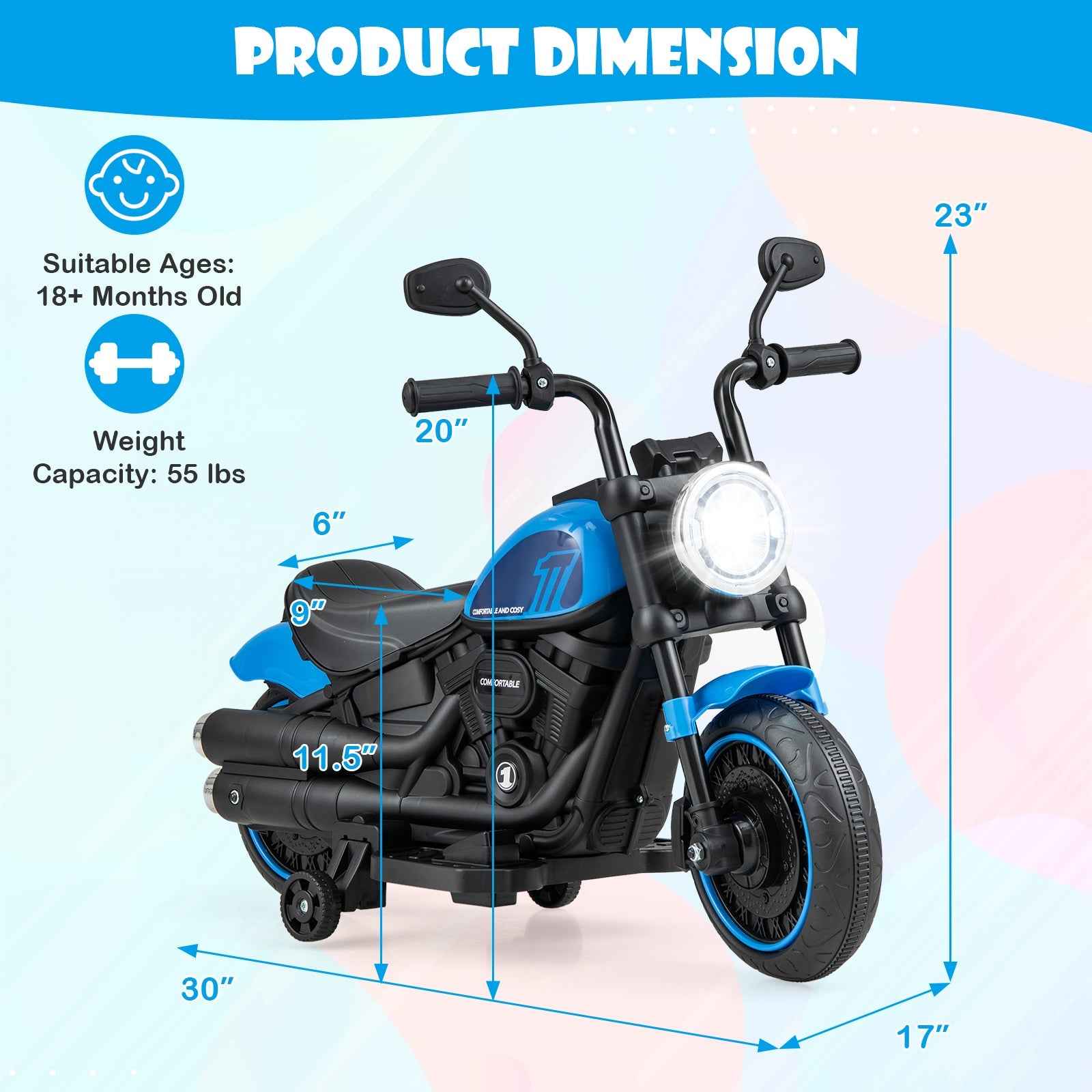 Kids Electric Motorcycle with Training Wheels & LED Headlights