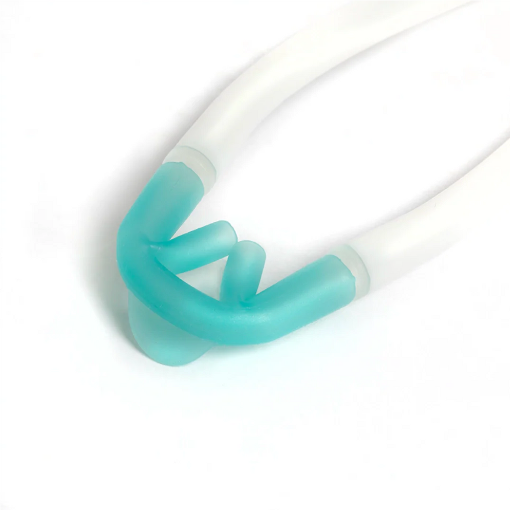 Teal and white curved tube on a light gray background