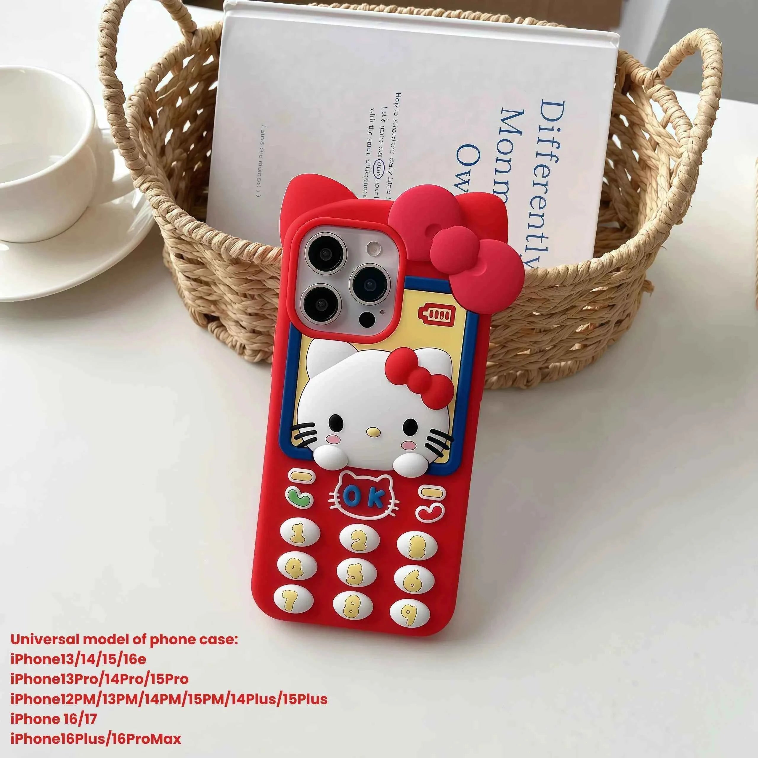 Cute 3D Telephone Hello Kitty Phone Case for iPhone 17 16 15 14 13 Pro Max Plus 17 Pro Cartoon Soft Silicone Cover with Lanyard