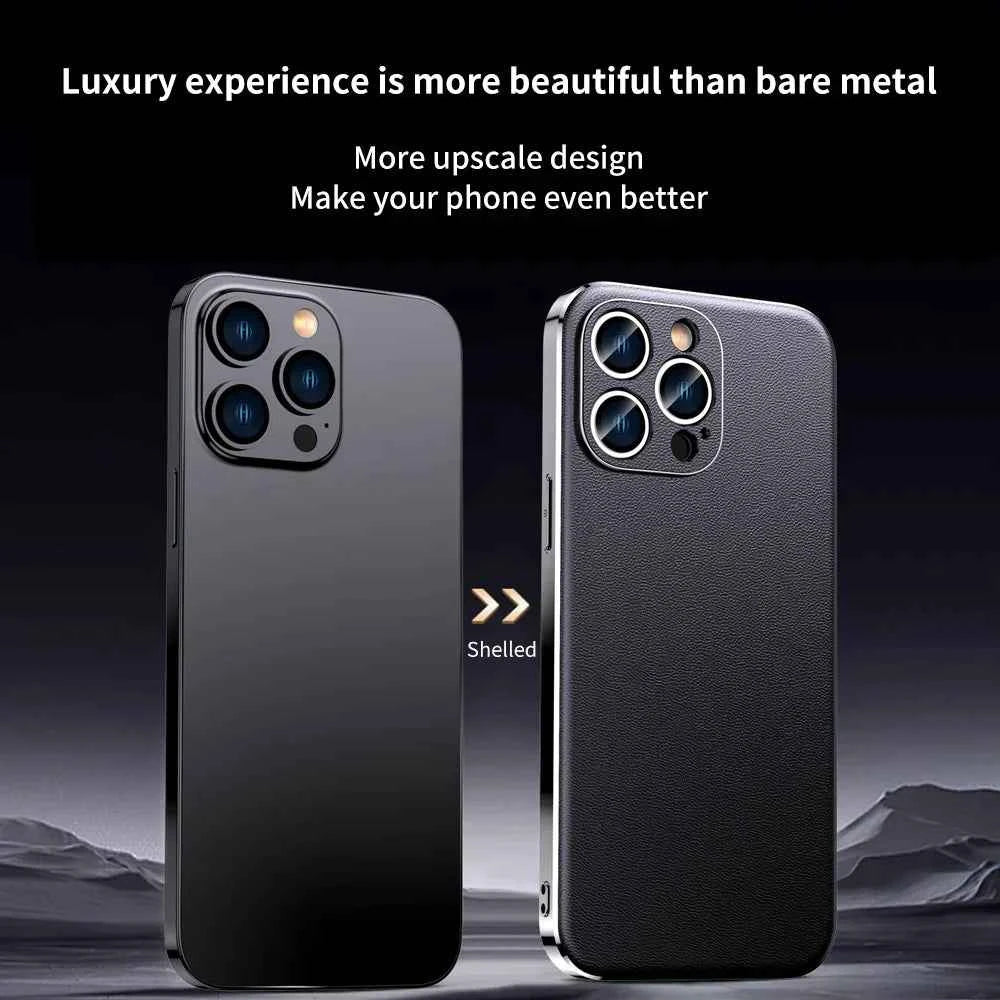 Genuine Cowhide Leather Phone Case for iPhone 16 15 11 12 13 14 Pro Max Luxury Plating Shockproof Lens Protection Back Cover