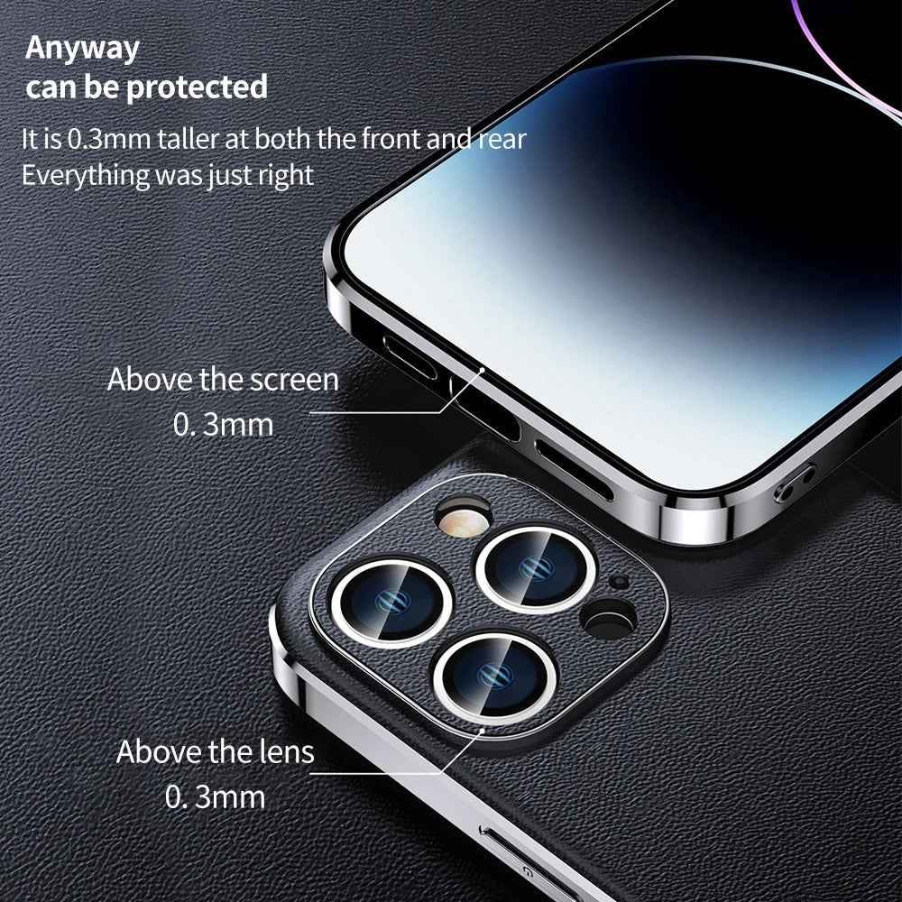 Genuine Cowhide Leather Phone Case for iPhone 16 15 11 12 13 14 Pro Max Luxury Plating Shockproof Lens Protection Back Cover