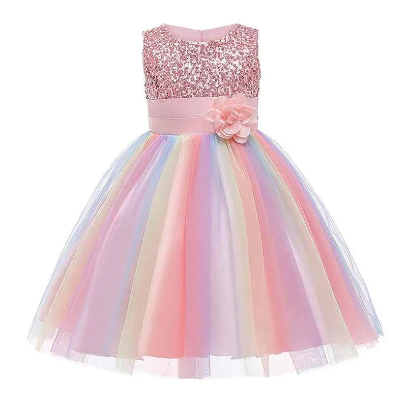 Sequins Girls Dress Summer Flower Fashion Rainbow Mesh Little Princess Dresses