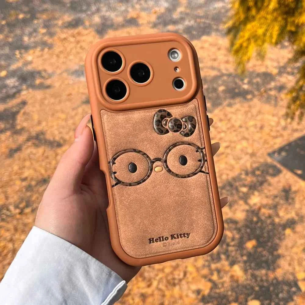 Brown Cute Leather Leopard Print Glasses KT Phone Case Suitable For iPhone 14 Pro 15 16 17 Pro Max Shockproof Protective Case