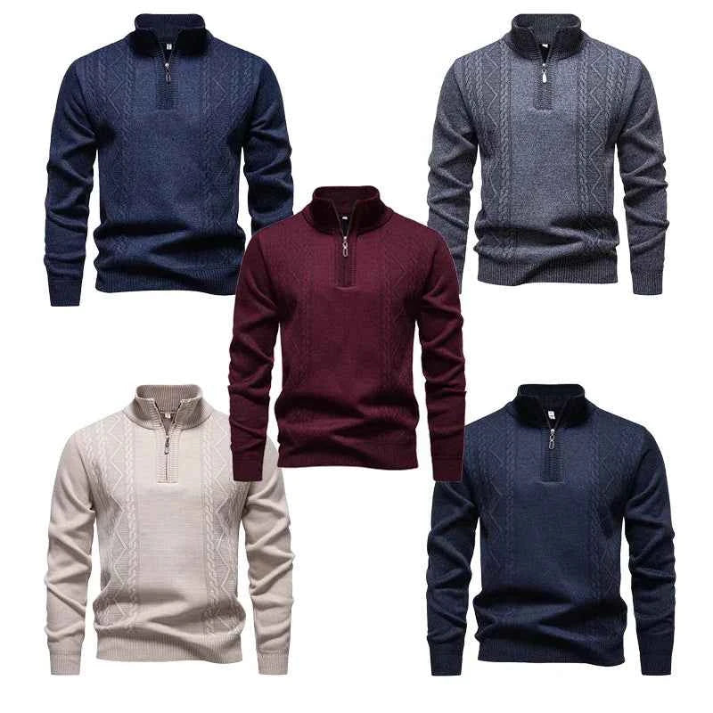 Winter Fleece-Lined Stand Collar Half-Zip Pullover Knitted Sweater for Men,Multi-Color Versatile Casual  Men's Knit Sweater