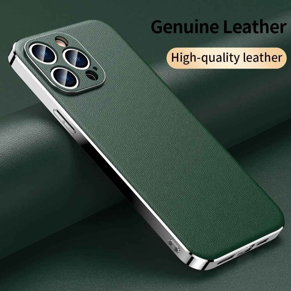 Genuine Cowhide Leather Phone Case for iPhone 16 15 11 12 13 14 Pro Max Luxury Plating Shockproof Lens Protection Back Cover