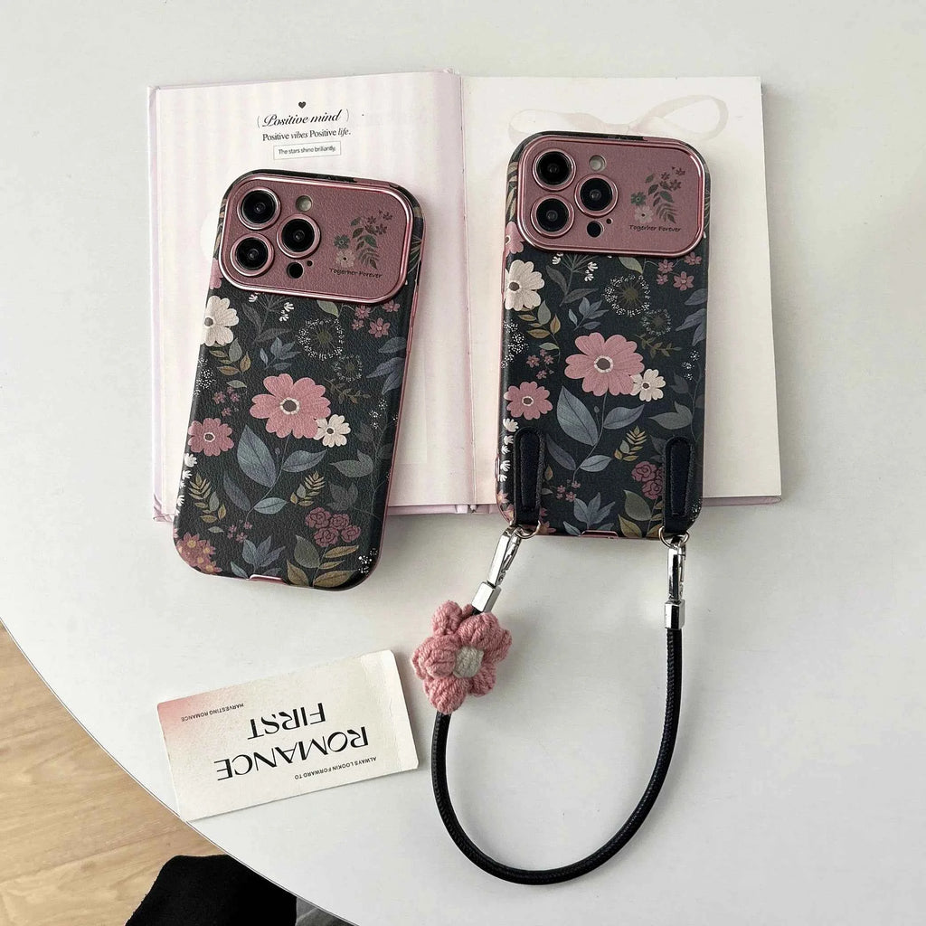 Ins Korean Camellia phone case suitable for iPhone 17 17Promax 16 15 14 13 Promax shock-absorbing strap hanging rope phone case