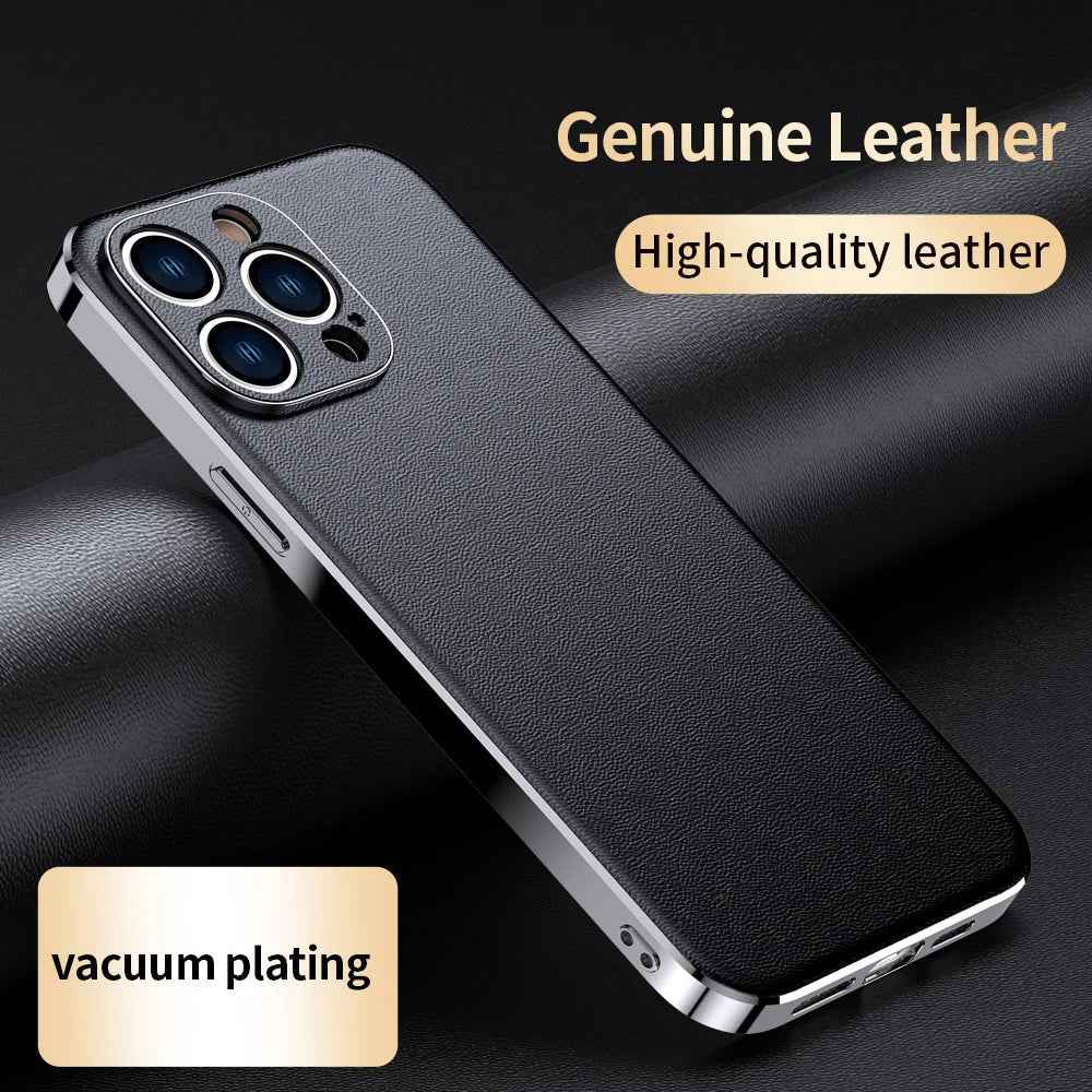 Genuine Cowhide Leather Phone Case for iPhone 16 15 11 12 13 14 Pro Max Luxury Plating Shockproof Lens Protection Back Cover