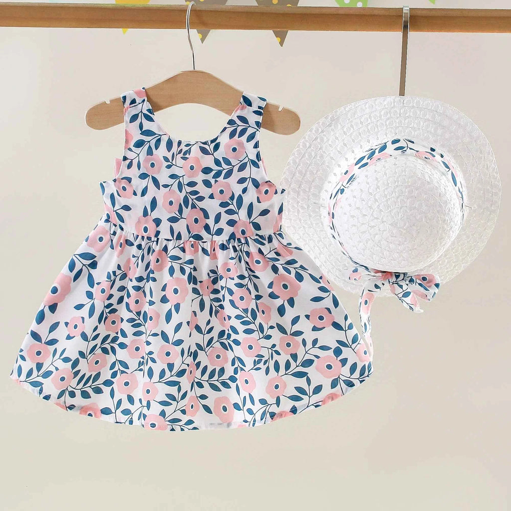Summer New Girls Dress Halter Ribbon Ribbon Full Print Floral A-line Dress Birthday Party Team Dress + Hat Bow Ribbon