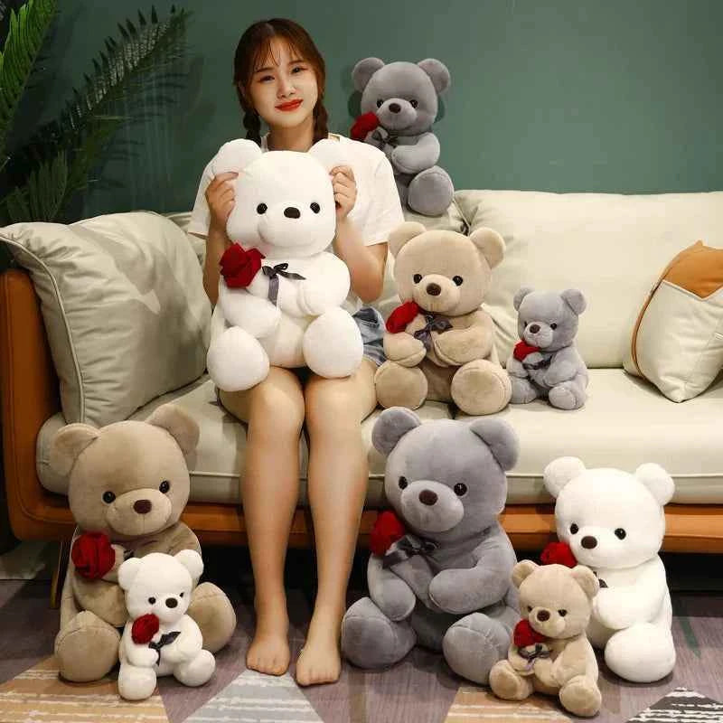 Kawaii Teddy Bear with Roses Plush Toy Soft Bear Stuffed Doll Romantic Gift for Lover Home Decor Valentine's Day Gifts for Girls
