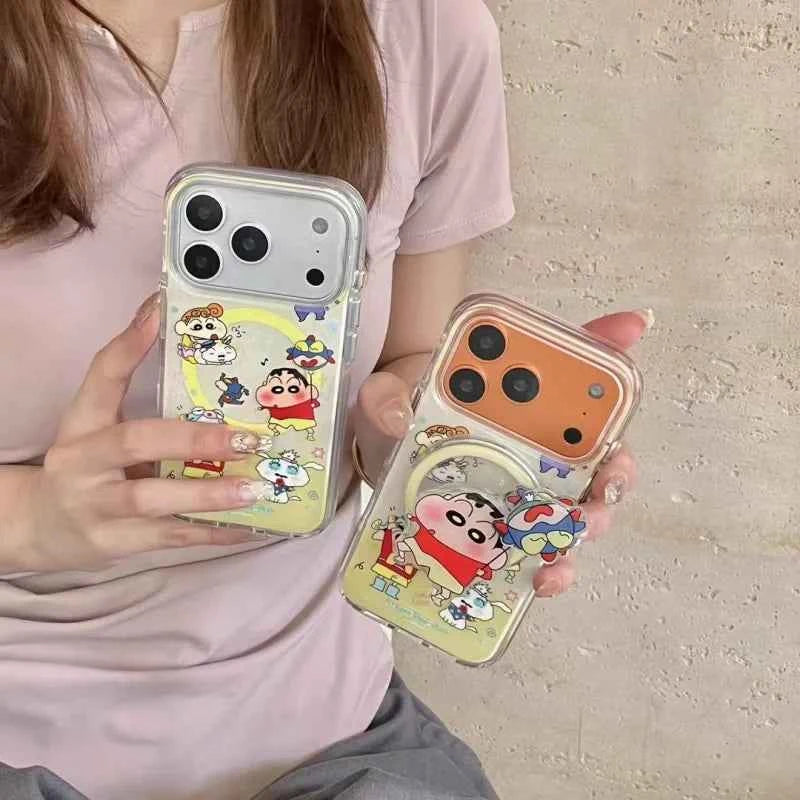Cute Crayon Shin-chan Magsafe Wireless Charge Case For iPhone 13 14 15 16 17 Pro Max Cartoon Superman Shin-chan Magnetic Stand
