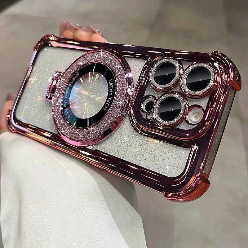 Double Bling Glitter Magsafe Bracket Case for iPhone 16 Pro Max Plus Transparent Plating Cover for iPhone 13 12 11 14 15 Pro Max