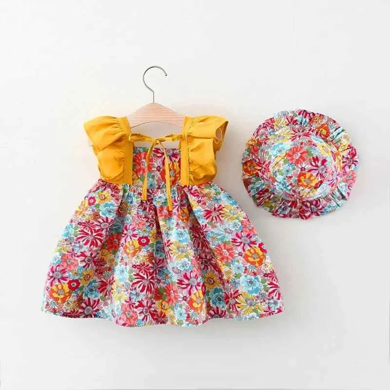 Summer New Girl Baby Strap Dress Fragmented Flower Children's Sleeveless Princess Dress 0-3 Year Old Newborn Comes with Hat